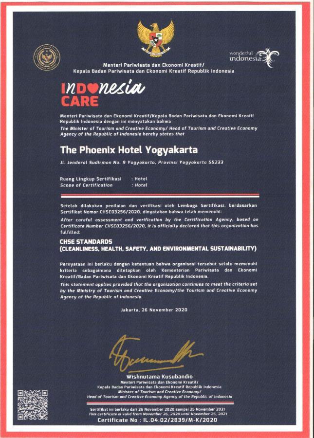 The Phoenix Hotel Yogyakarta - Handwritten Collection Extérieur photo Certificate of Clean and Healthy Hotel